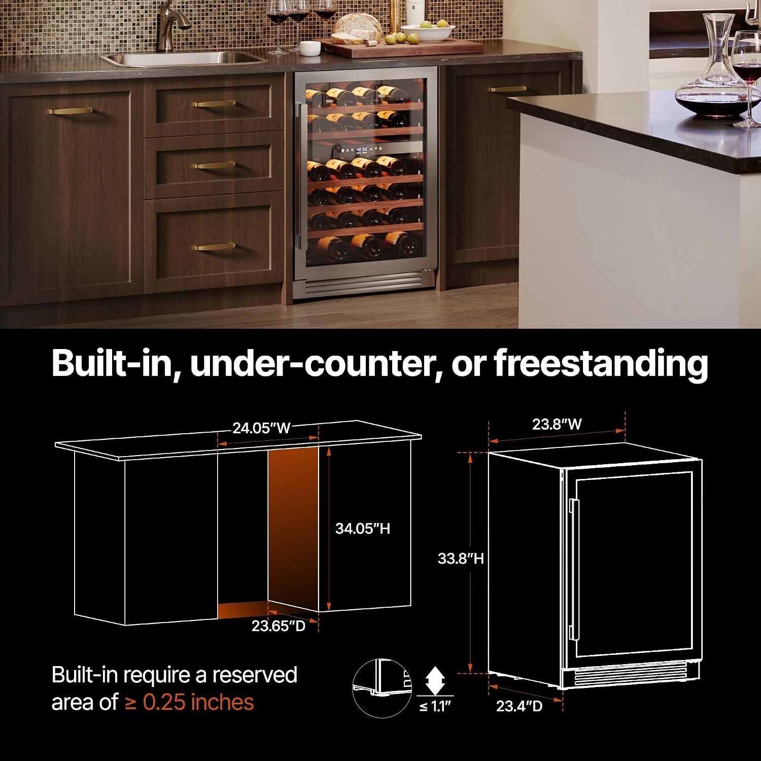 Ca'Lefort 24 Inch Wine Fridge, 52 Bottles Dual Zone 40-65°F Wine Cooler, Adjustable Shelves & 3 LED Light, Wine Refrigerator with Glass Door, Built-in Under Counter Freestanding for Home/Kitchen/Bar