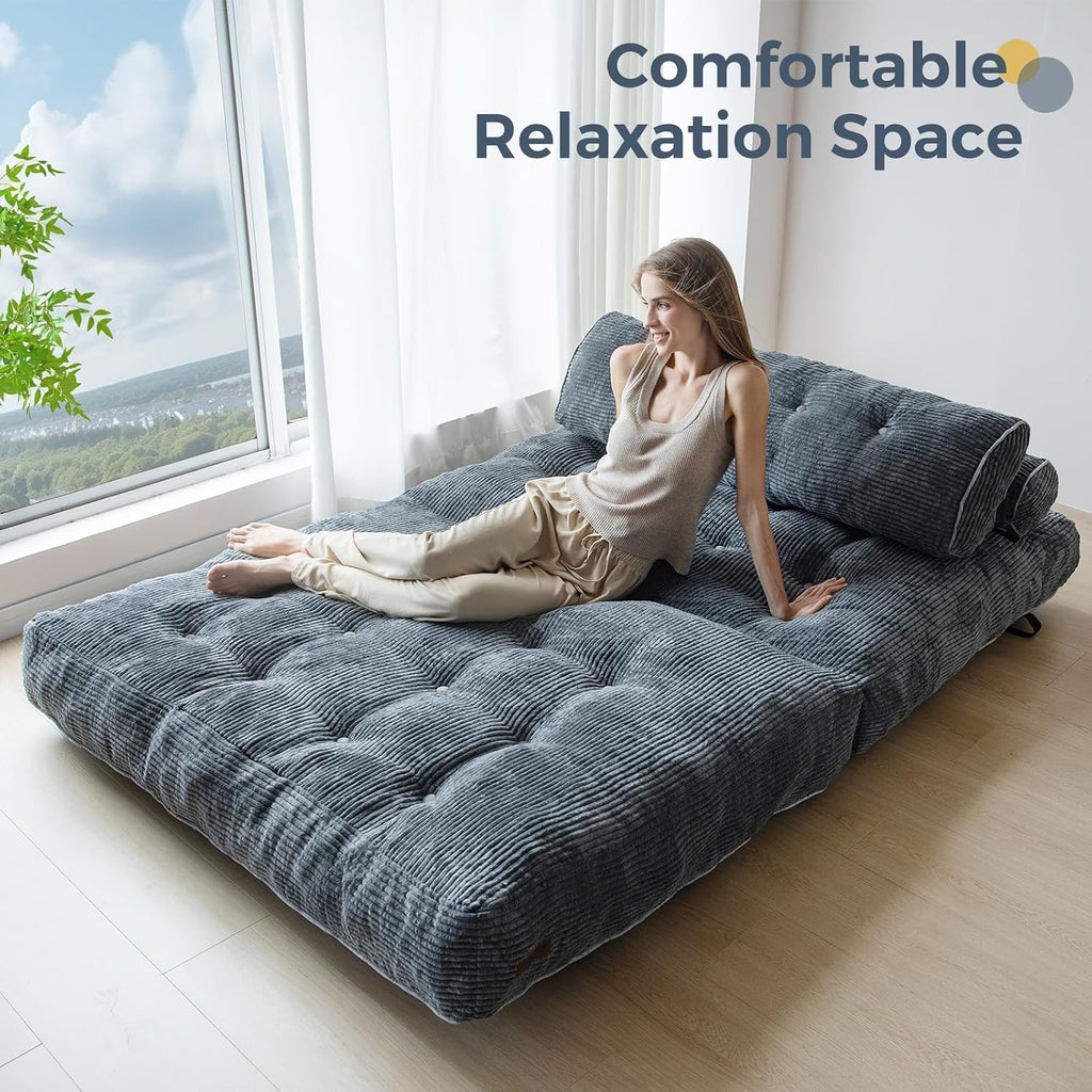 MAXYOYO Folding Sofa Bed, Convertible Sleeper Chair with Pilow Foldable Mattress with Back Support, Portable Fold Out Chair Bed Comfy Floor Sofa Lounge for Living Room Bedroom, Dark Grey, Double