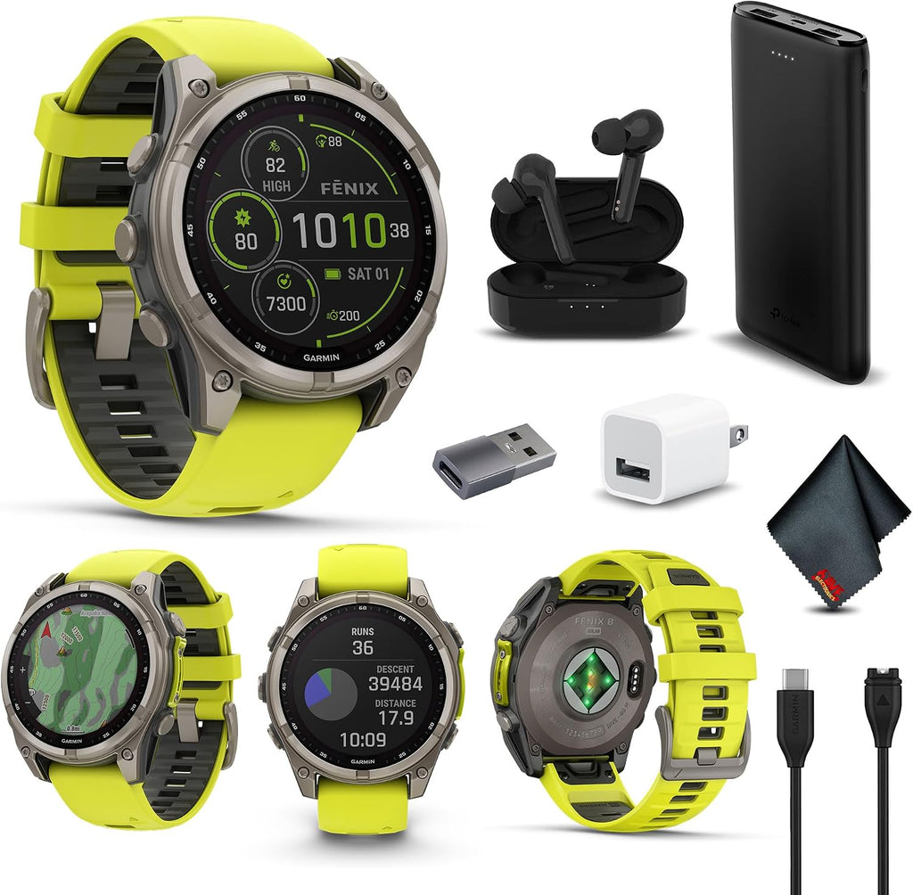 Garmin Fenix 8 47MM Solar Sapphire Multisport GPS Smartwatch Titanium with Amp Yellow Silicone Band, 48 Days Battery Life Smart Watch Pro Bundle