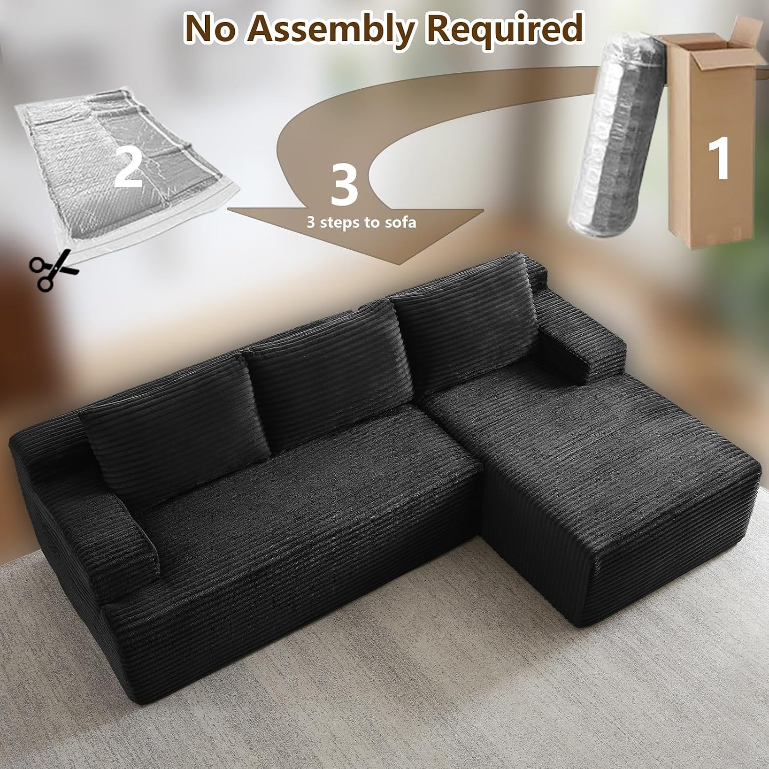 96' Modular Sectional Sofa Couches L-Shape Couch 3 Seat Modular Sofa Corduroy Memory Foam Sectional Boneless Couches for Living Room, Cloud Couch with Oversized Chaise(Black, Right Facing)