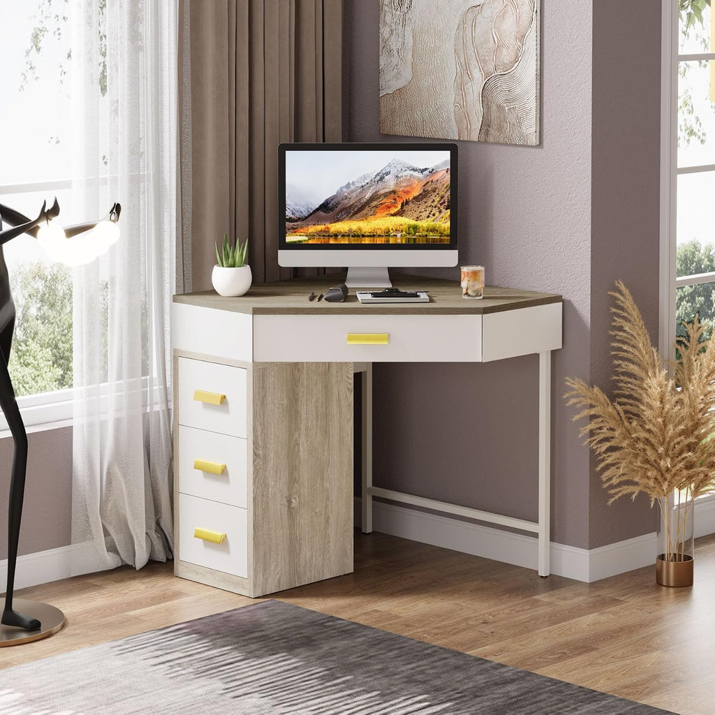 Tribesigns Corner Desk, Triangle Computer Desk with 3 Drawers, 90-Degree Writing Desk PC Table Makeup Vanity Desk with Storage for Home Office, Living Room, Bedroom (Grey+White)