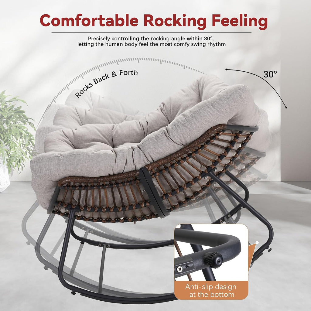 Rocking Papasan Chair, Oversized Outdoor Rocking Chair Rattan Rocking Chair with Deep Seat Thick Cushion, Patio Rocking Chair for Indoor/Porch/Garden (Light Grey & Black), Spring, 2026