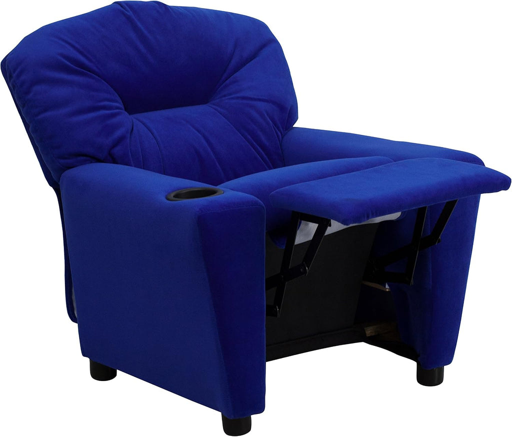 EMMA + OLIVER Blue Microfiber Kids Recliner with Cup Holder