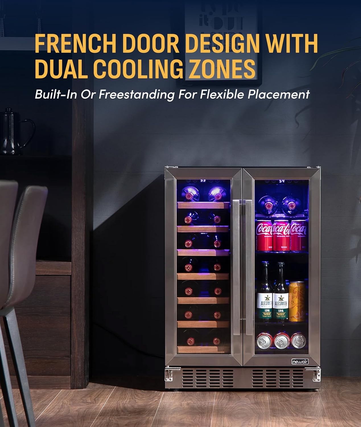 NewAir 24' Dual Zone Beverage Refrigerator & Wine Cooler for 20 Bottles & 78 Cans | Freestanding or Built-In Under Counter Mini Fridge for Beer, Wine and Soda | Stainless Steel