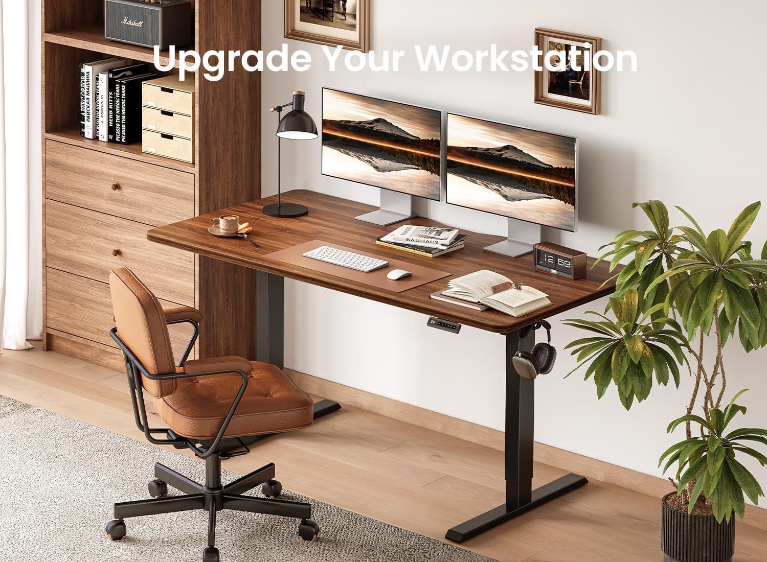 BANTI 55 × 24 Inches Standing Desk, Ergonomic, Electric Height Adjustable, Sit and Stand Up, Computer Office Desk with Splice Board, Black Frame/Black Walnut Top