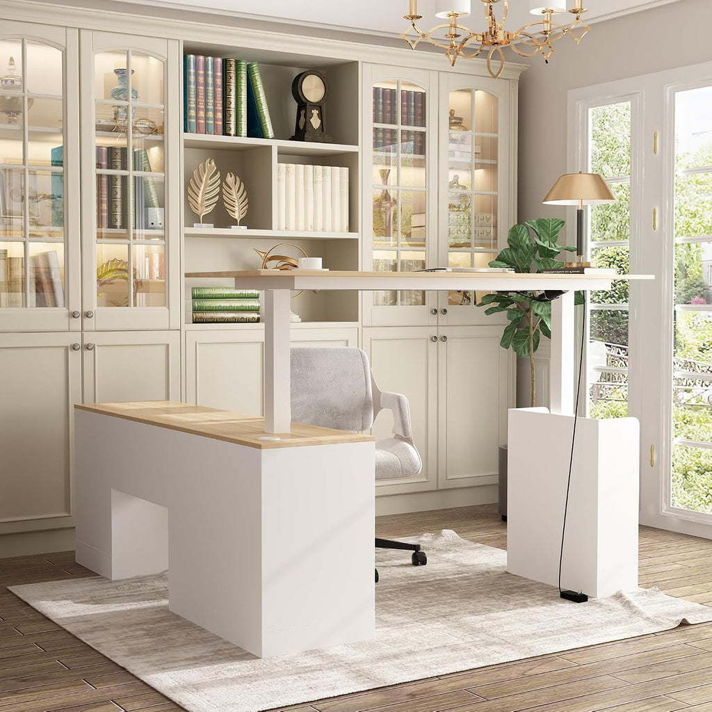 Homsee Home Office L Shaped Electric Standing Desk with Drawers and Shelves, Height Adjustable Stand up Desk, 63' Computer Executive Corner Table, Oak & White