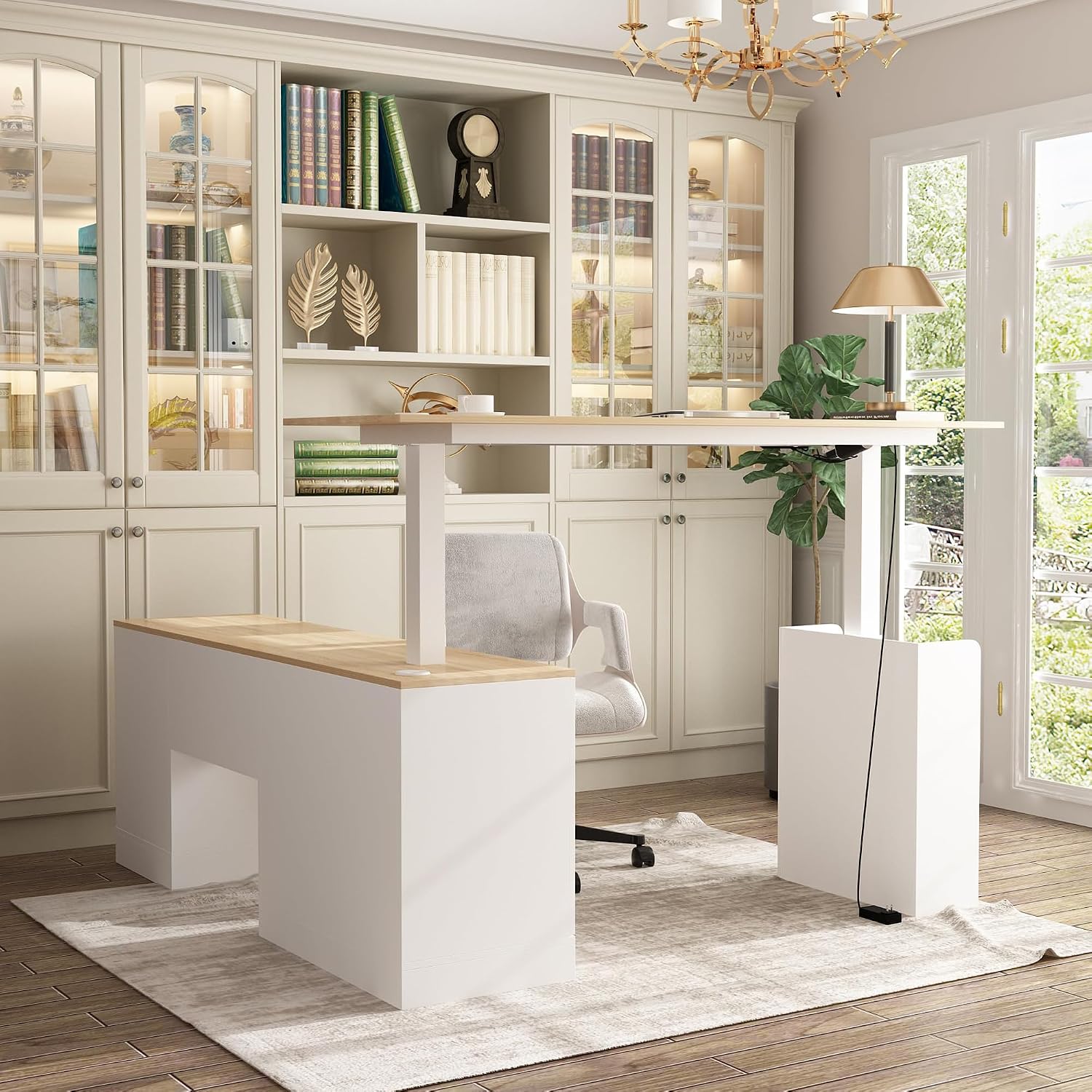 Homsee Home Office L Shaped Electric Standing Desk with Drawers and Shelves, Height Adjustable Stand up Desk, 63' Computer Executive Corner Table, Oak & White