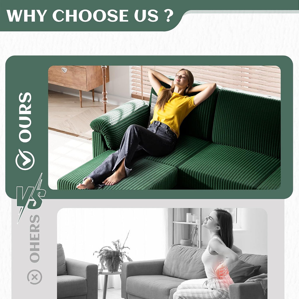 Vongrasig Convertible Sectional Couch, 3 Seat L Shaped Sofa with Removable Pillows Linen Fabric Small Modern Couch Mid Century for Living Room, Apartment and Office, Green