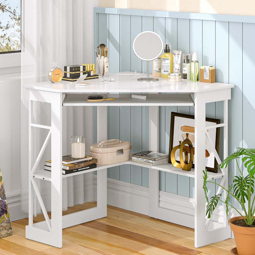 VECELO Corner Computer Desk 41x30 inch with Charging Station & Keyboard & Storage Shelves for Small Space,Triangle Table for Home Office Bedroom,White