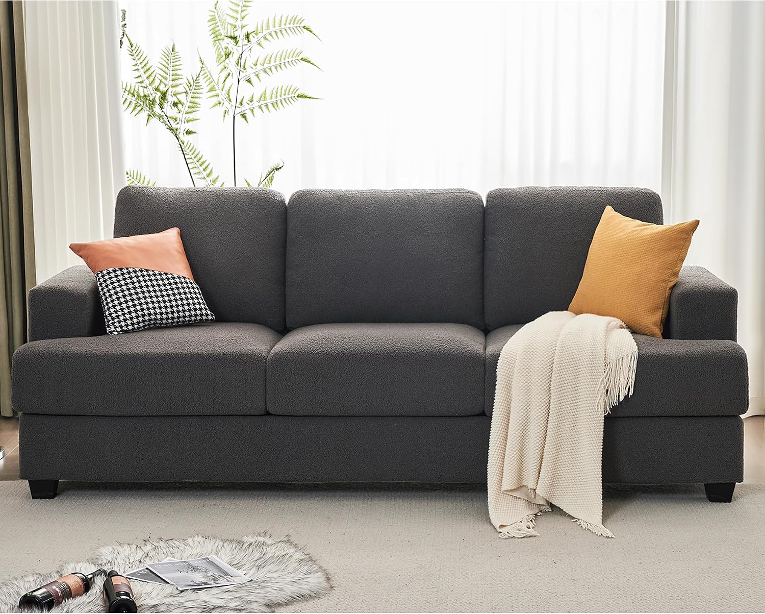 VanAcc 89 inch Sofa, 3 Seater Sofa with Extra Deep Seats, Modern Couch- Comfy Couch for Living Room Apartment Lounge, Grey Bouclé