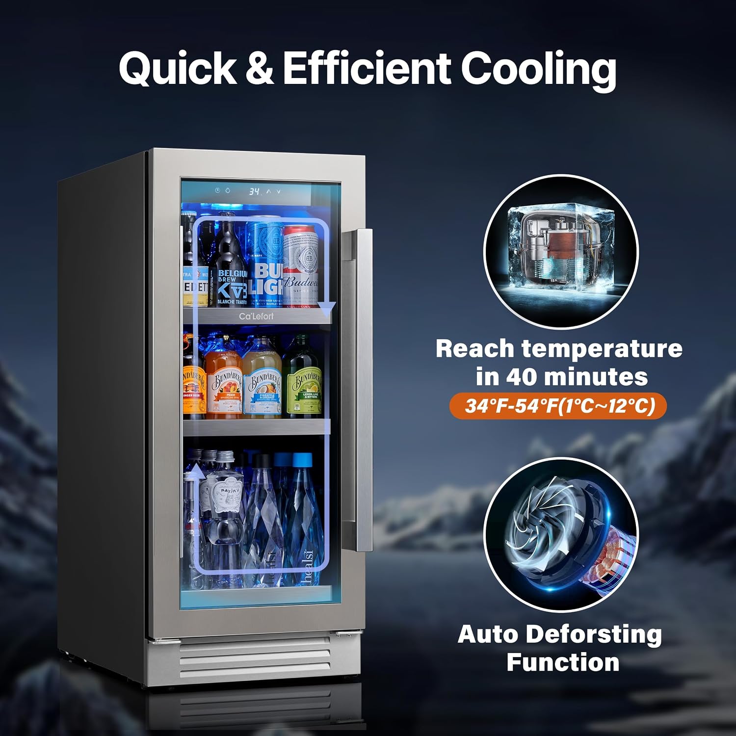 Ca'Lefort Beverage Refrigerator 15 Inch, 100 Cans Mini Fridge with Double Glass Door, Built-in or Freestanding Drink Cooler with Amber LED Light, Beverage Fridge for Kitchen Bar Office(Left-Hinged)