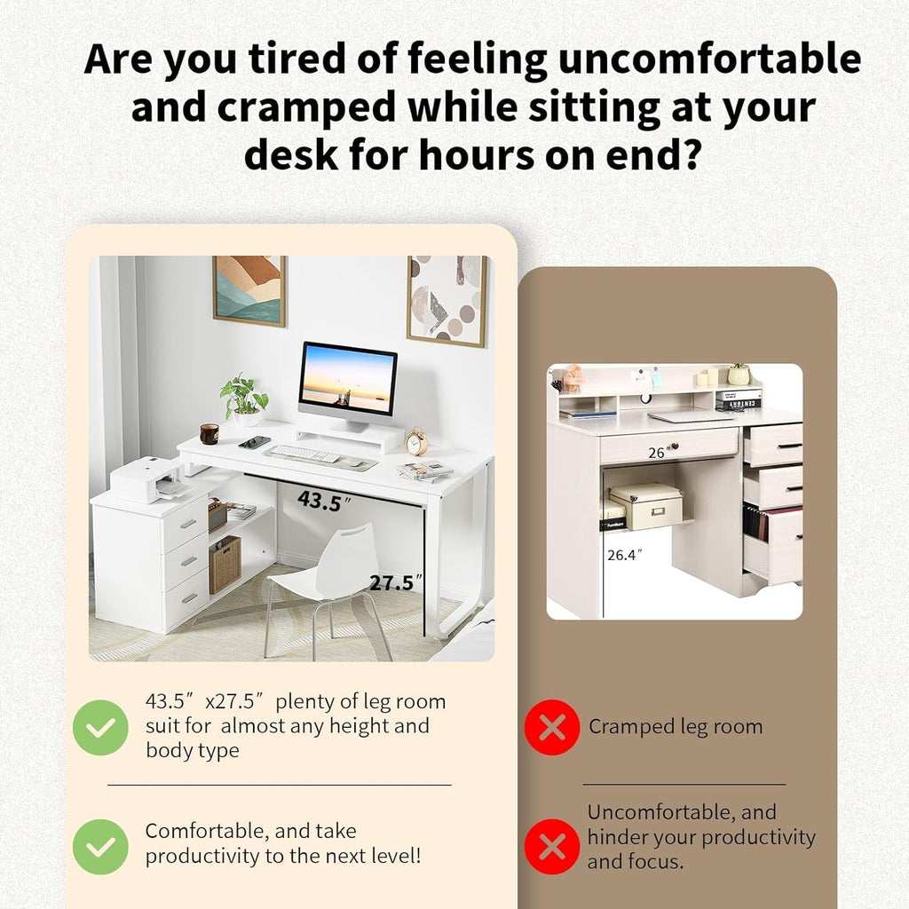 MaverickFurni 55' White Desk with Drawers and Shelves, Reversible L Shaped Desk with Monitor Stand, Home Office Desk with Storage for Work Writing Study, White