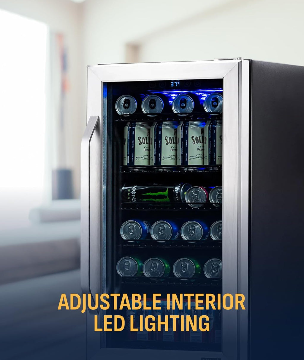 NewAir 96 Can Built-In Beverage Refrigerator | 15' Small Mini Fridge for Bedroom, Home Bar or Office | Quiet Cooling & Precise Temperature Control | Stainless Steel