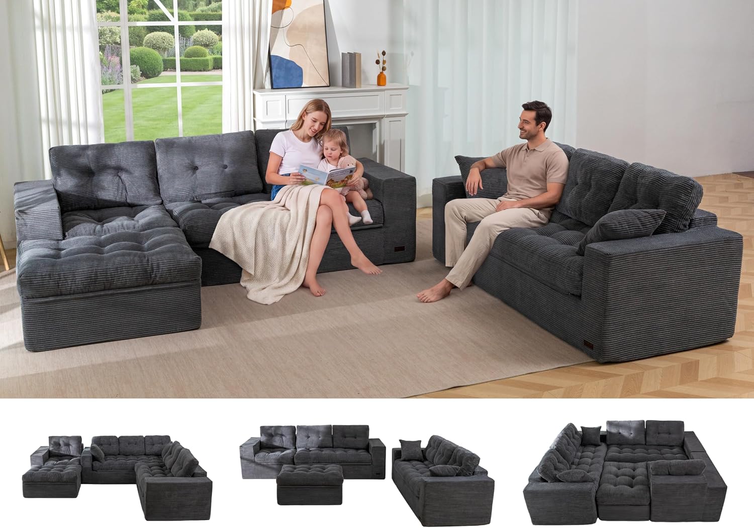 MAXYOYO Modular Sectional Sofa with Ottoman and Loveseat, Cloud Boneless Couch with Layered Cushion, Flexible Module Combination Sofa for Living Room, No Assembly Required,Dark Grey
