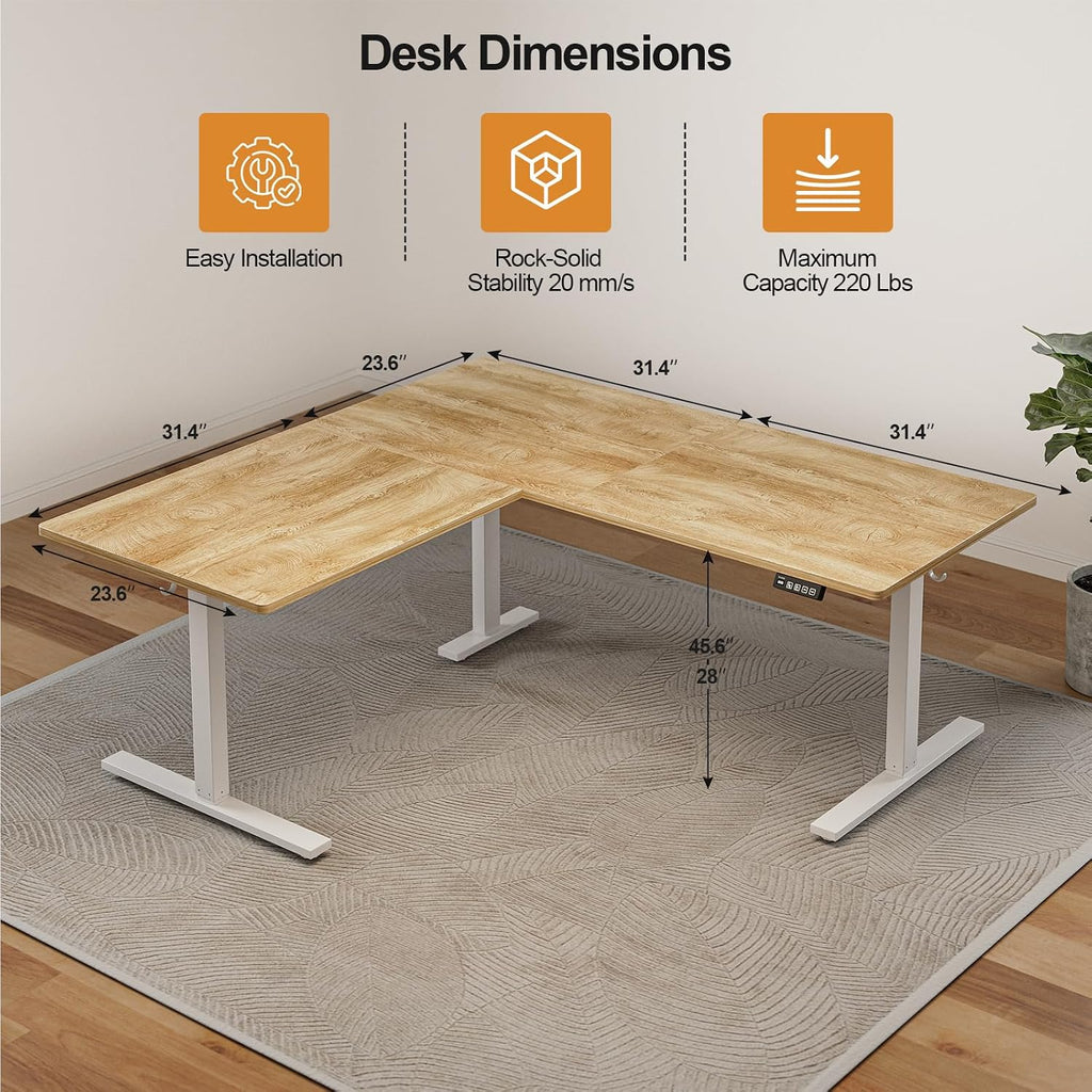 Grandder 63 x 55 Inch L Shaped Standing Desk, Electric Height Adjustable Corner Stand Up Desk, Sit Stand Corner Table Home Office Table, Oak Top White Frame