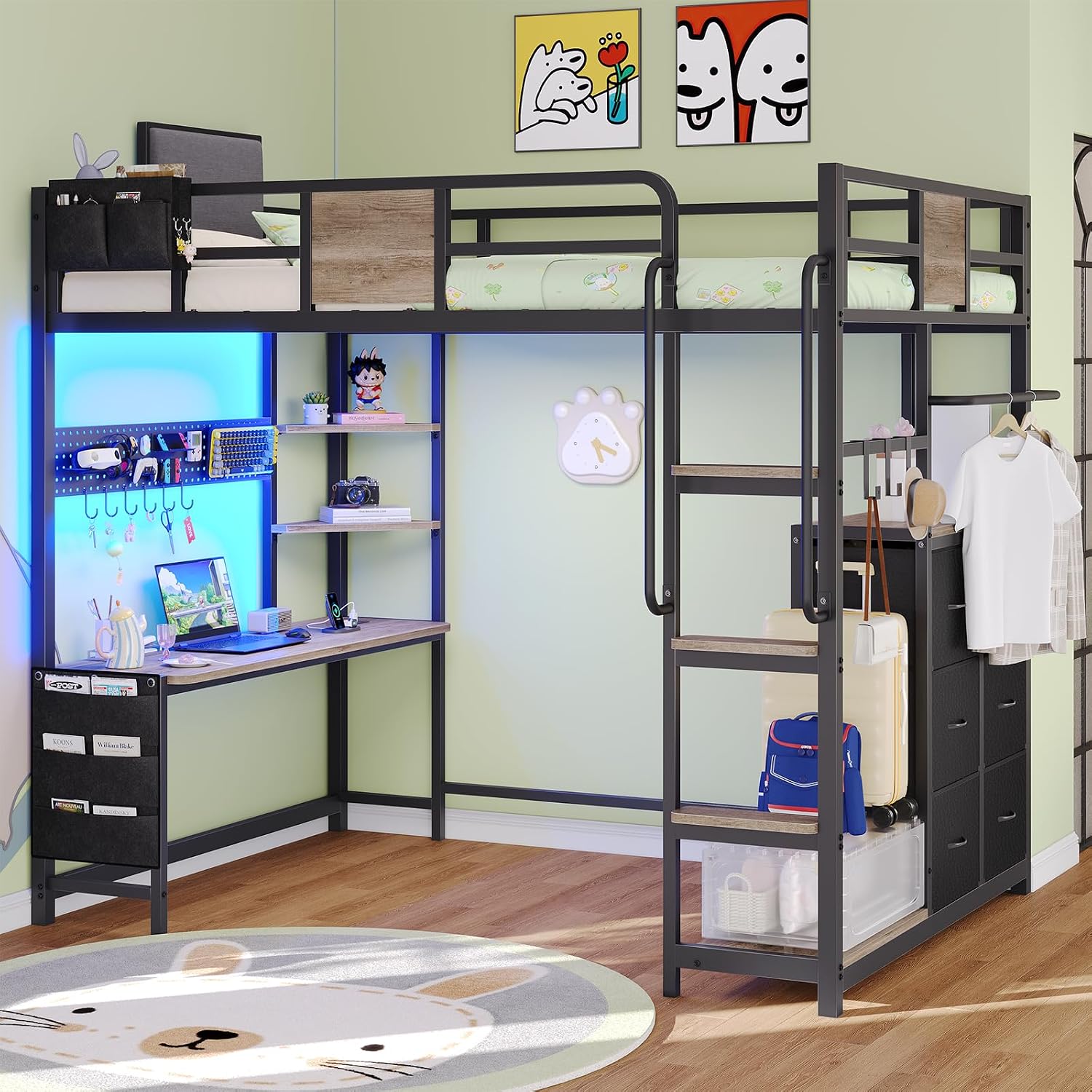 Dnxao Twin Loft Bed with Desk, Heavy Duty Twin Bed Frame with Integrated 6 Storage Drawers & DIY Pegboard, Smart LED Lights, Charging Station with Type-C, Space-Saving Workstation for Teens,Oak Gray