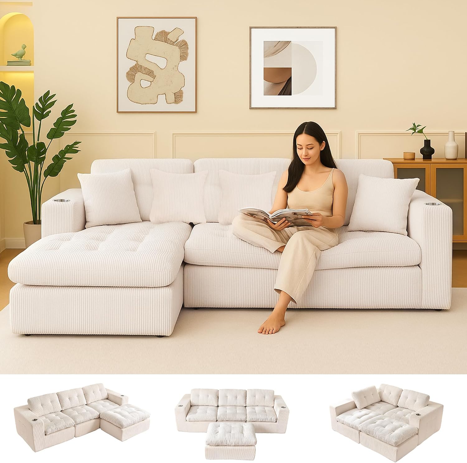 108 inch L Shaped Modular Sofa Bed, 50' Deep Seat Corduroy Boneless Sectional Couch with Ottoman No Assembly, 1400lbs Capacity Cloud Sleeper for Living Room Apartment (Light Beige)