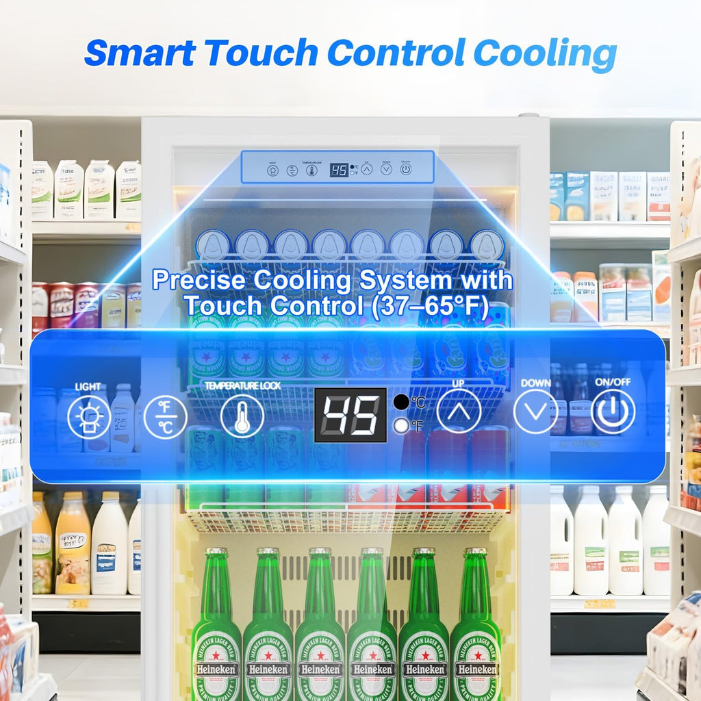 Velivi Commercial Display Beverage Fridge: 13.8 Cu Ft Upright Cooler with Glass Door, LED Lighting, Low Noise, and Rapid Cooling for Restaurants, Shops, and Offices (White)