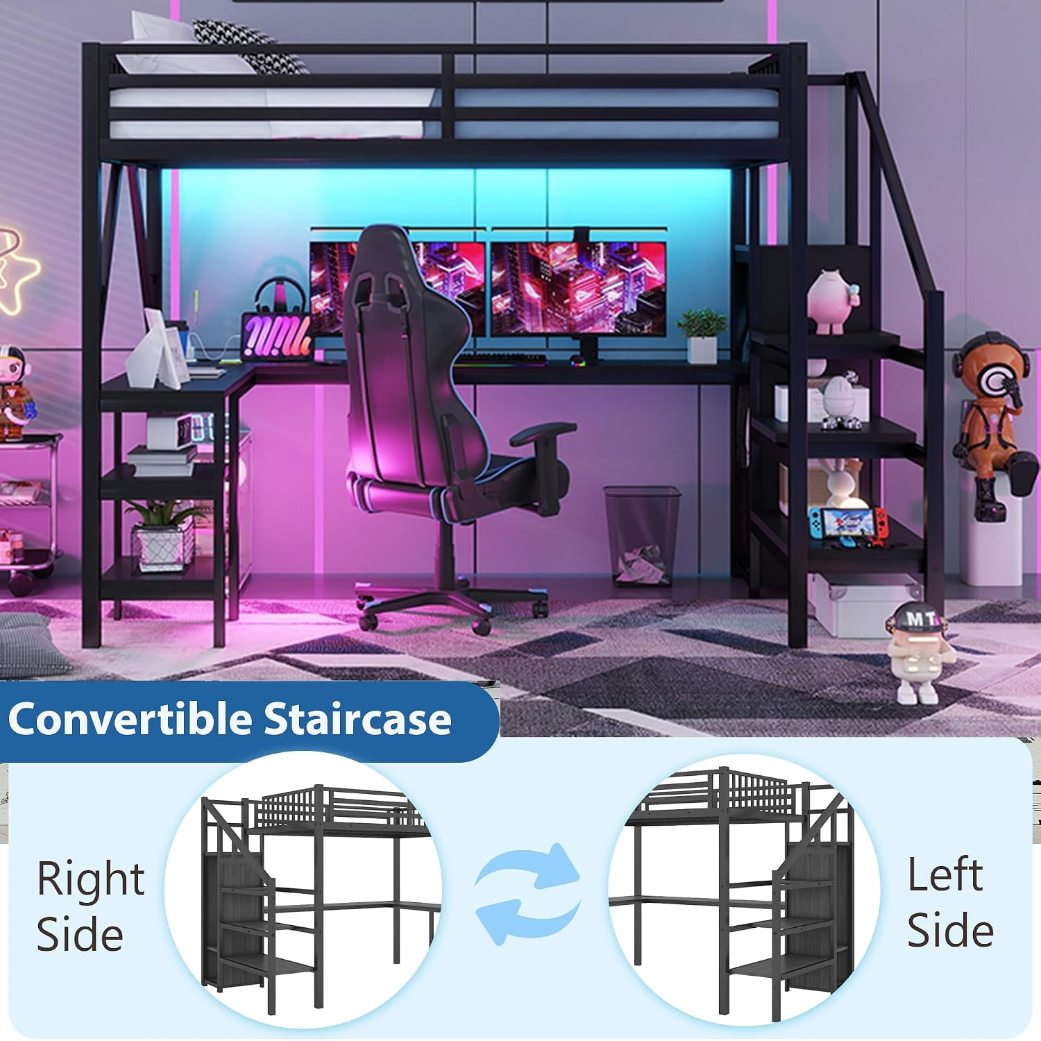 Full Size Loft Bed with Stairs and Desk, Gaming Loft Beds with RGB LED Light and Storage Shelf, Heavy-duty Metal Loft Bed Frame with Wardrobe, Charging Station for Adults Kids Teens, Black