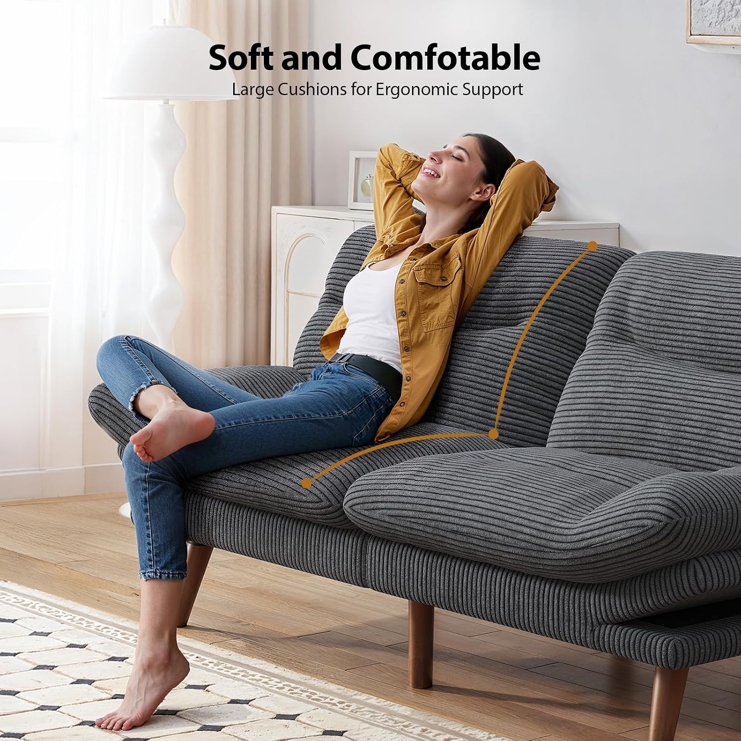 Pipishell Futon Sofa Bed, 75 Inch Corduroy Futon Couch Convertible with Adjustable Backrest and Armrests, Recliner Sleeper Sofa for Small Spaces, Living Room, Office, Guest Room (Grey, 75 Inch) | Adjustable