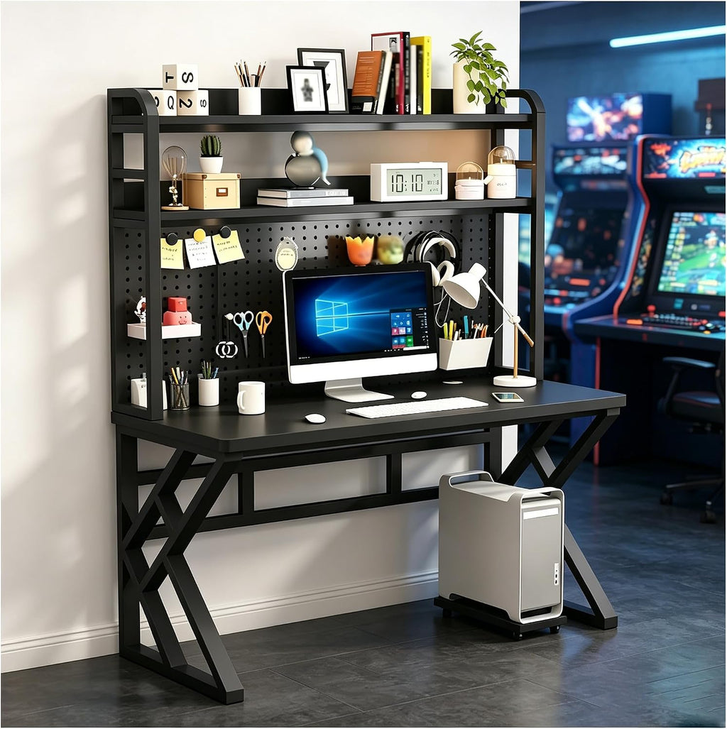39.3in Gaming Desk with Bookshelf Combo, Computer Desk with Pegboard, Large Writing Table with Desktop Shelves, Ample Leg Room, for Home Office (Brown, 39.3in)