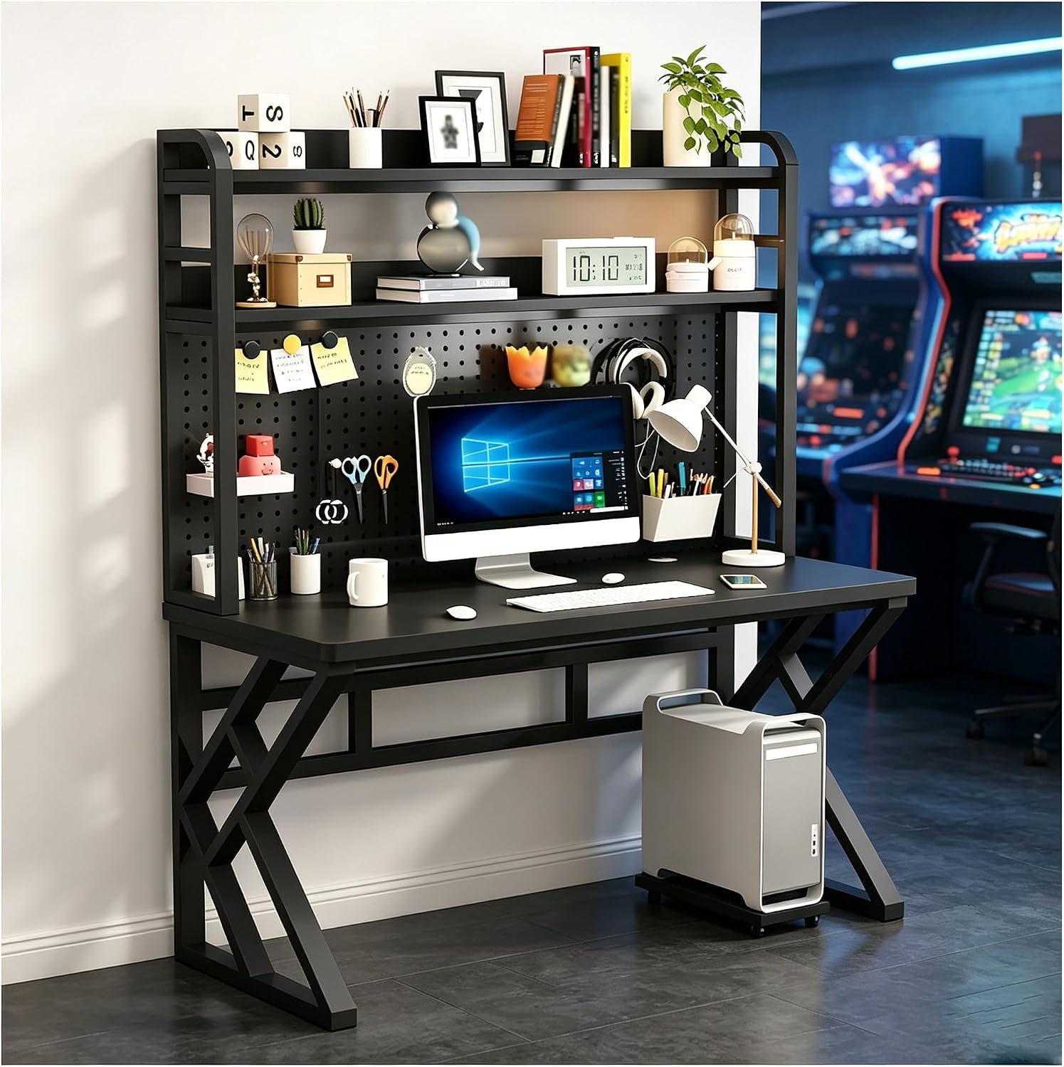 39.3in Gaming Desk with Bookshelf Combo, Computer Desk with Pegboard, Large Writing Table with Desktop Shelves, Ample Leg Room, for Home Office (Brown, 39.3in)