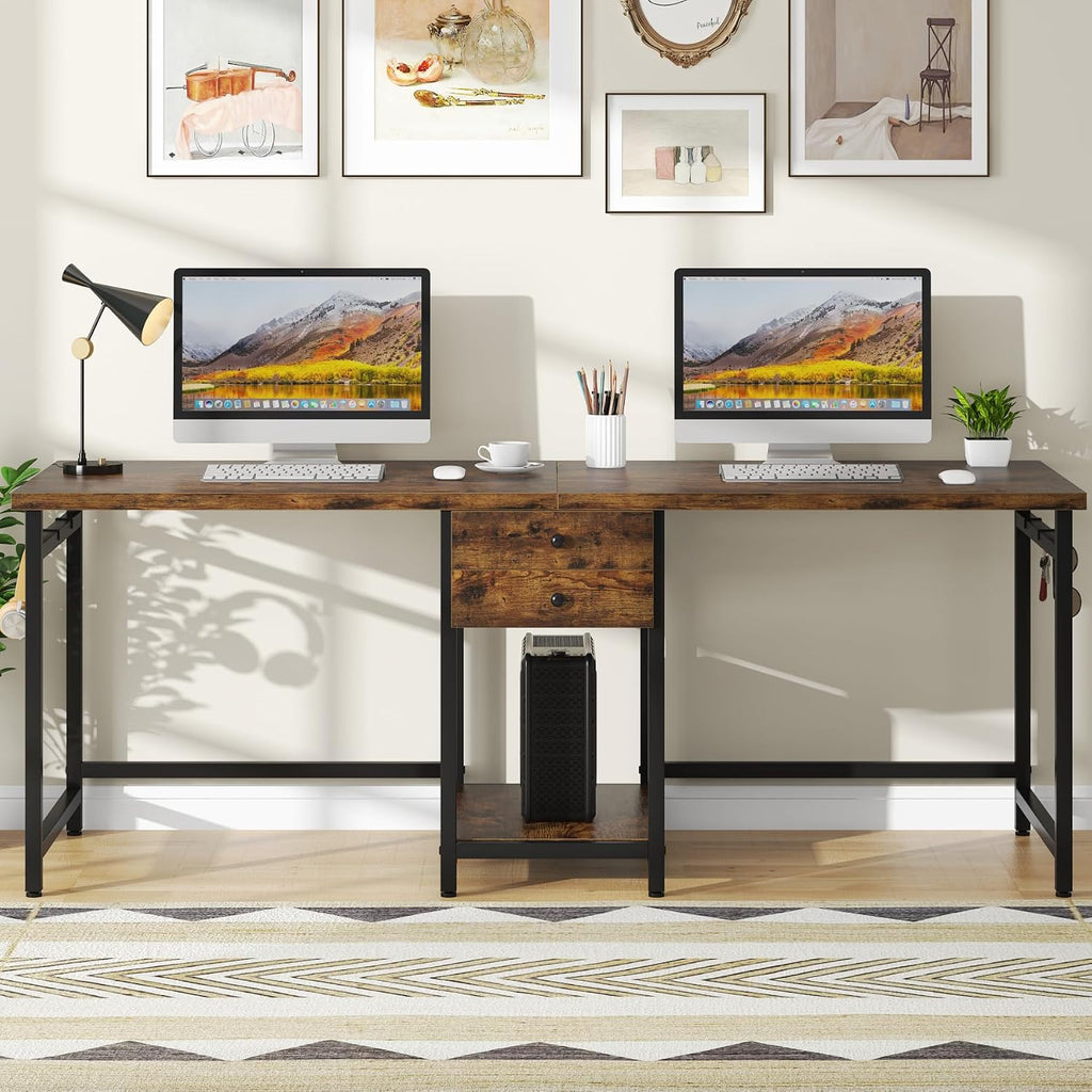 Tribesigns Two Person Desk, 79 Inch Double Desk with 2 Drawers, Large Computer Desk Long Desks with Storage Shelves, Writing Table Study Desk for Home Office, Rustic Brown (NY001)