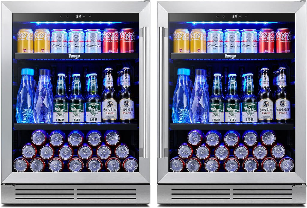 Yeego 24-Inch Built-In Beverage Refrigerator (2 Pack) - Large Capacity Drink Cooler with Glass Door, Auto Defrost Beverage & Wine Fridge for Cans and Bottles, Under Counter & Freestanding