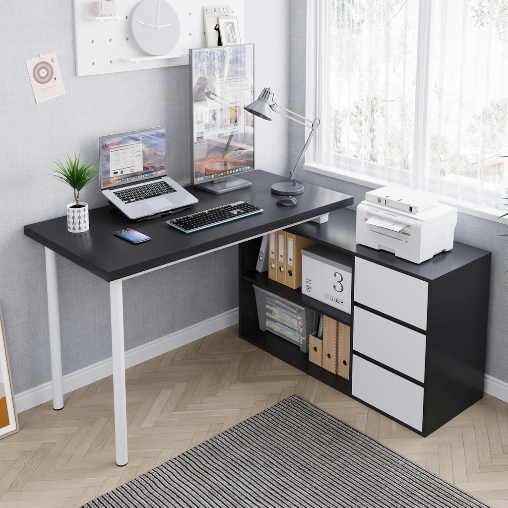 Home Office Computer Desk Corner Desk with 3 White Drawers and 2 Shelves, 53-inch L-Shaped Study Desk with Storage, Black + White