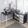 Home Office Computer Desk Corner Desk with 3 White Drawers and 2 Shelves, 53-inch L-Shaped Study Desk with Storage, Black + White