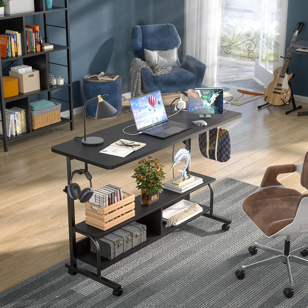 Armocity Rolling Standing Desk with Power Outlets, 47' Manual Height Adjustable Mobile Computer Desk with Wheels, Portable Sit Stand Laptop Couch Table for Bed & Sofa Home Office, Black