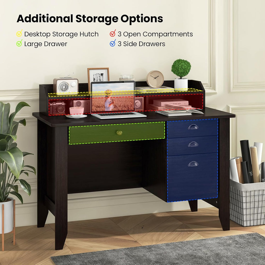 Tangkula Computer Desk with 4 Storage Drawers & Hutch, Home Office Desk Vintage Desk with Storage Shelves, Wooden Executive Desk Writing Study Desk (Black)