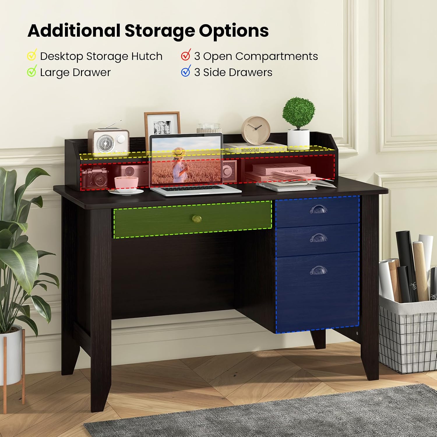 Tangkula Computer Desk with 4 Storage Drawers & Hutch, Home Office Desk Vintage Desk with Storage Shelves, Wooden Executive Desk Writing Study Desk (Black)