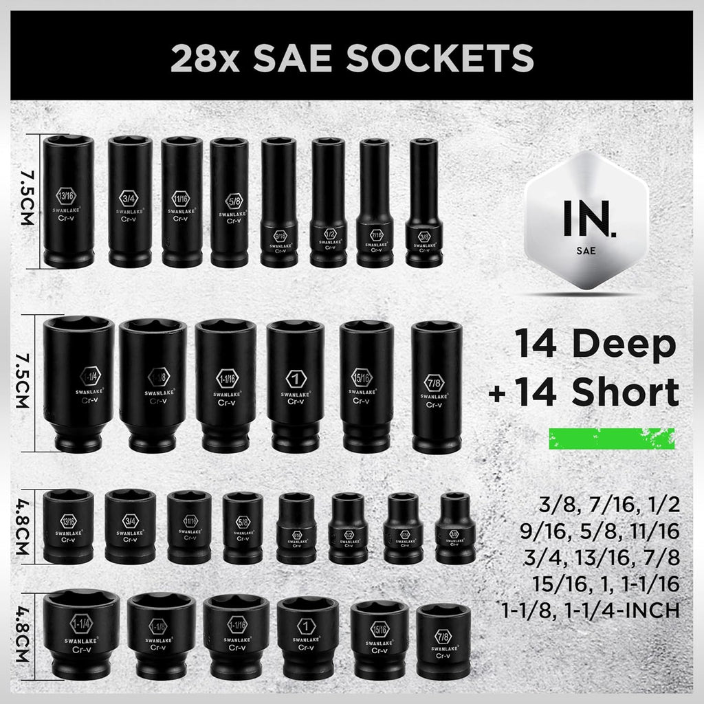 SWANLAKE 1/2' Drive Impact Socket Set, 66-Piece Standard SAE (3/8'-1-1/4') and Metric (8-24mm) Size, 6 Point, Cr-V, 1/2-Inch Drive Ratchet Handle, Extension Bar, Impact Universal Joint