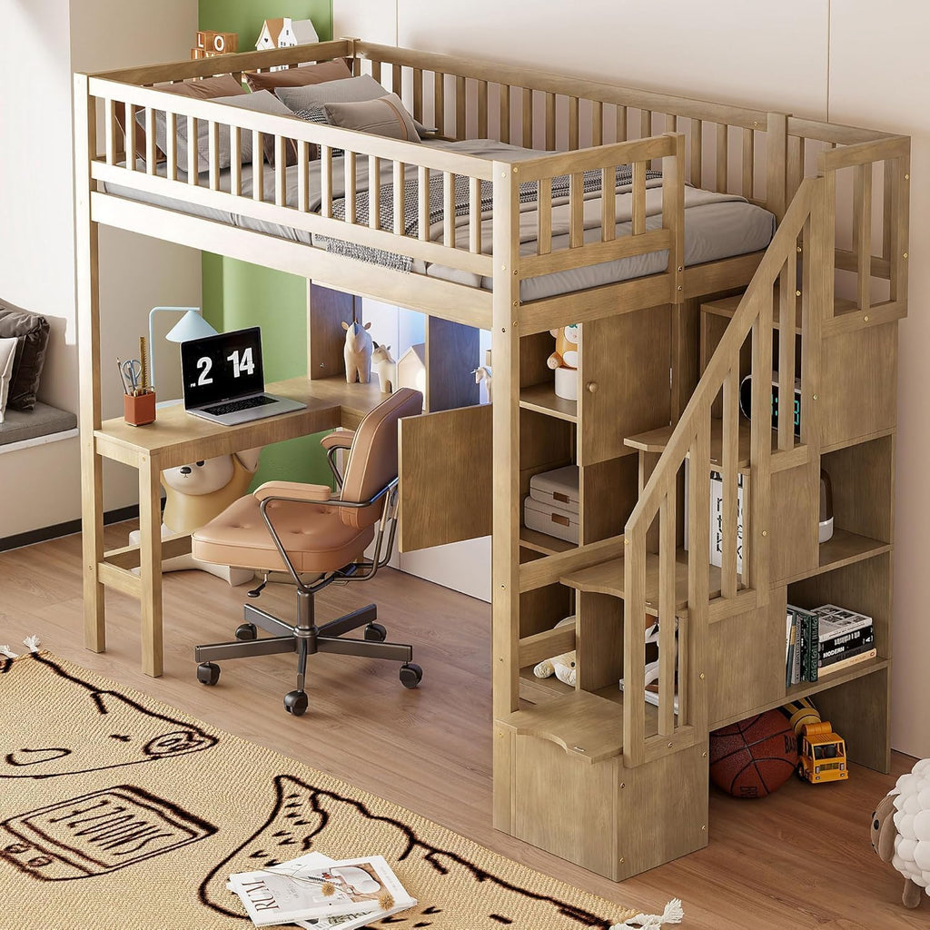 MERITLINE Twin Loft Bed with L-Shaped Desk and Storage Stairs, Solid Wood Loft Bed with LED Lights,Storage Shelves and Cabinets,Stairway Bed Frame with Bookshelves for Teens Adults (Walnut)