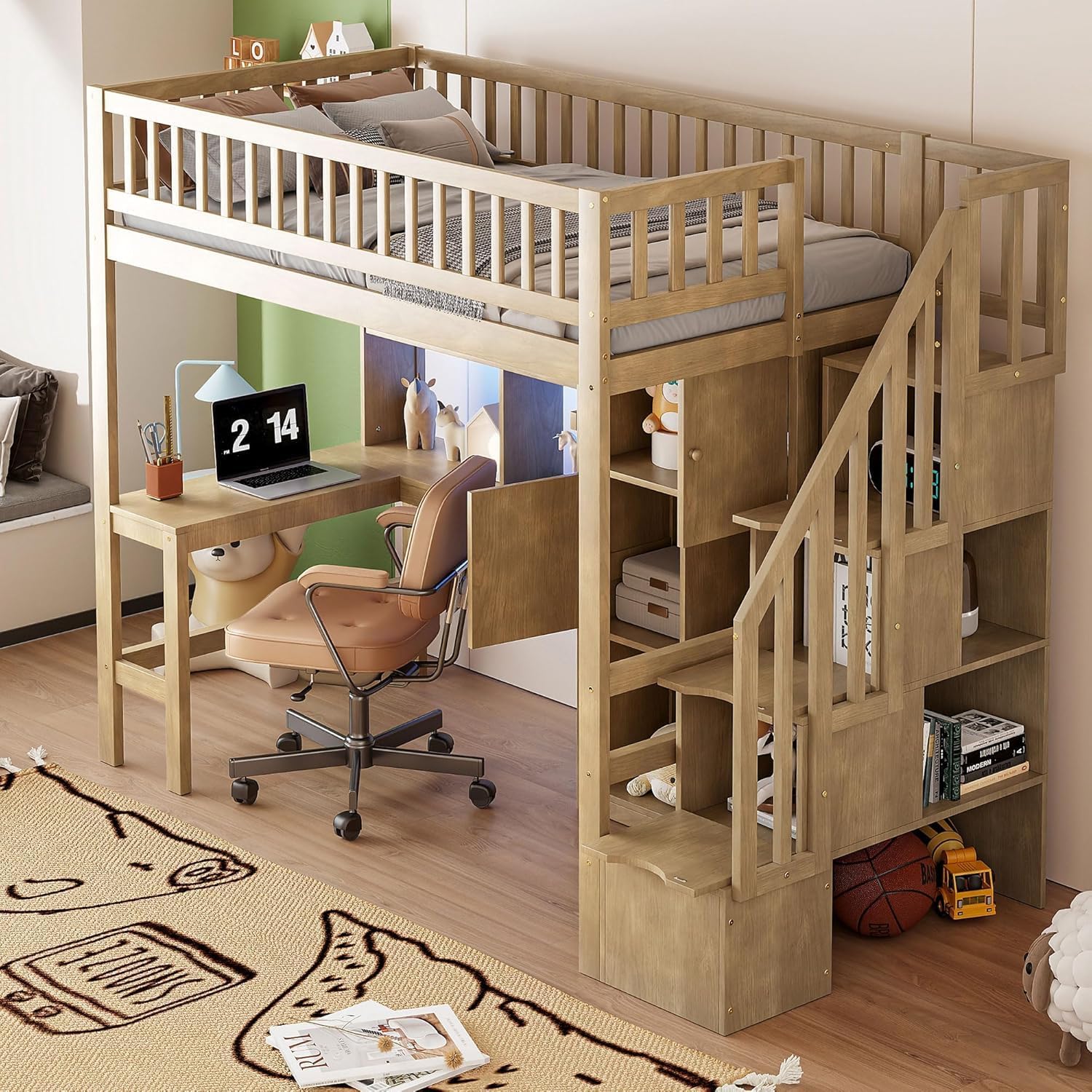 MERITLINE Twin Loft Bed with L-Shaped Desk and Storage Stairs, Solid Wood Loft Bed with LED Lights,Storage Shelves and Cabinets,Stairway Bed Frame with Bookshelves for Teens Adults (Walnut)