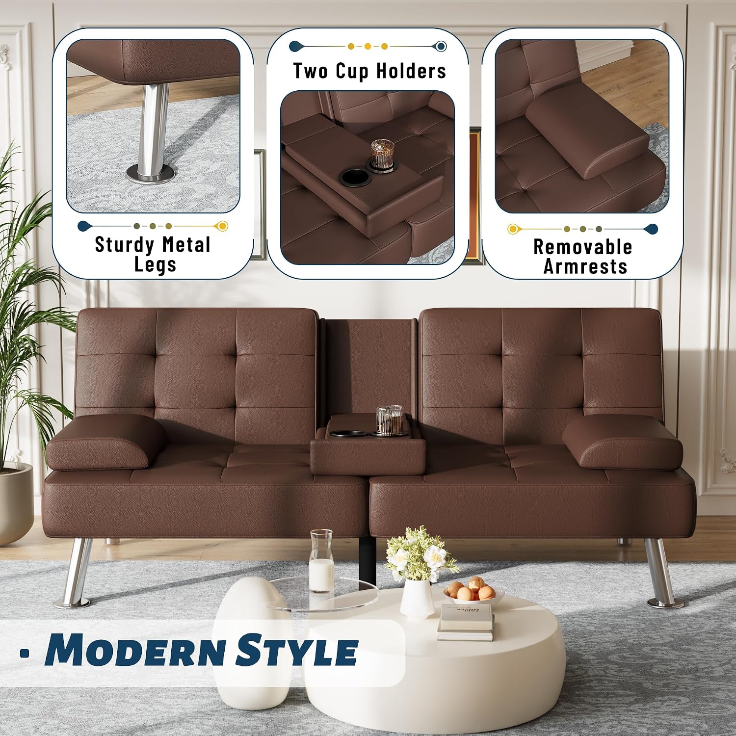 Furmax Futon Sofa Bed Adjustable Futon Couch Sleeper Sofa Bed for Living Room, Business Office, Recliner Sofas with Cup Holders (PU Leather, Brown)