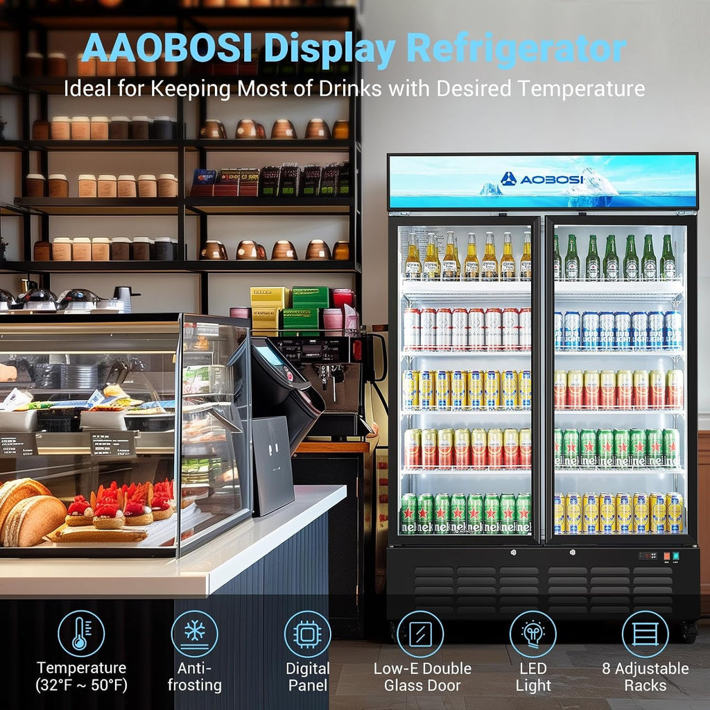 AAOBOSI 50' Wide Commercial Merchandiser Refrigerator,36.8 Cu.Ft Glass Door Display Refrigerator,Upright Beverage Fridge with Soft LED Light,Customizable Lightbox,Universal Casters, Adjustable Shelves