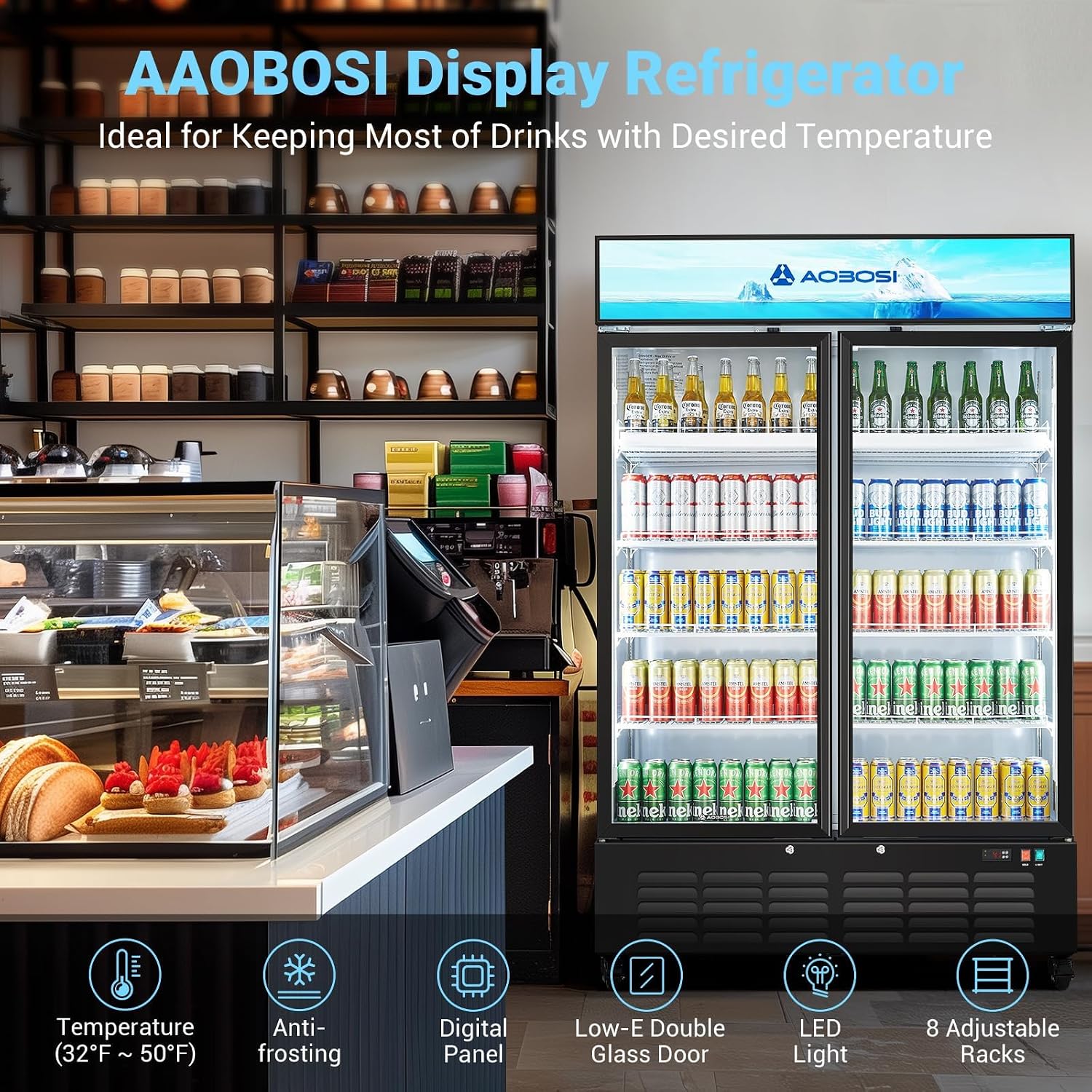 AAOBOSI 50' Wide Commercial Merchandiser Refrigerator,36.8 Cu.Ft Glass Door Display Refrigerator,Upright Beverage Fridge with Soft LED Light,Customizable Lightbox,Universal Casters, Adjustable Shelves