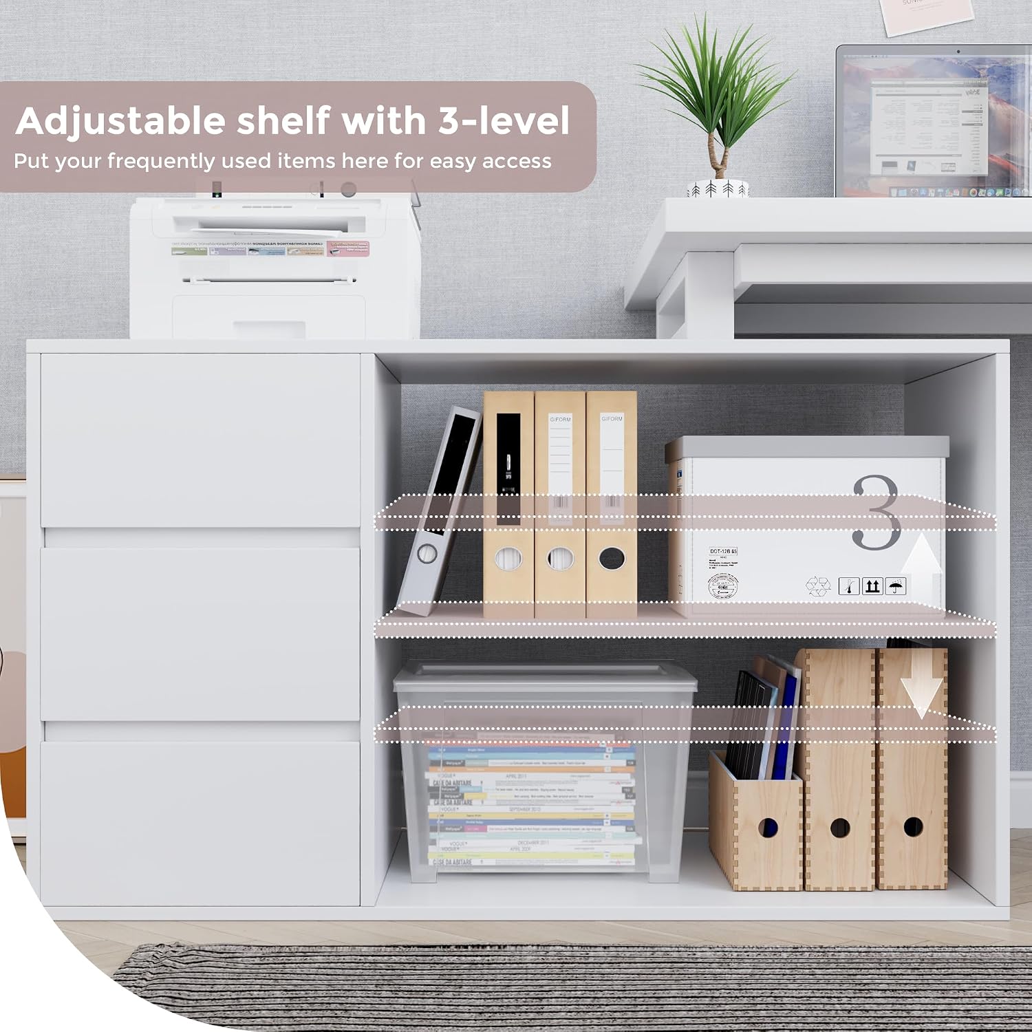 Home Office Computer Desk Corner Desk with 3 Drawers and 2 Shelves, 53-inch L-Shaped Study Desk with Storage, White
