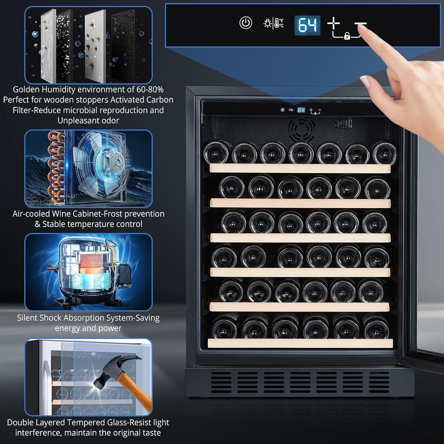 GarveeHome Wine Cooler, 46 Bottle Freestanding or Built-in Metal Design, Wine Fridge, Single Zone Dual Temperature Wine Fridge for Red, White and Champagne with Adjust Temperature, Black