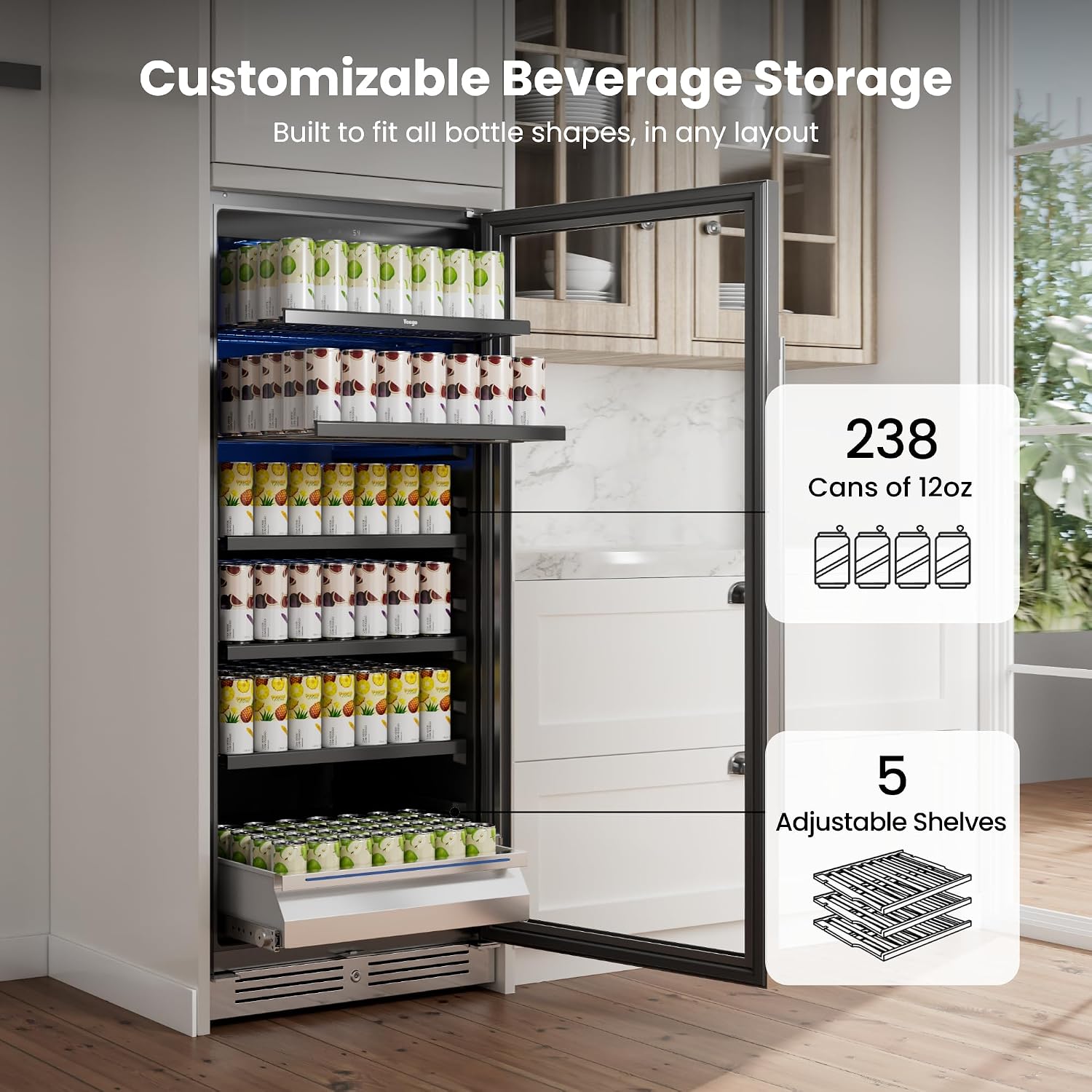 Beverage Refrigerator 24 inch - 238 Cans Capacity Beverage Cooler, Upgraded Beverage Refrigerator Freestanding or Built-In, Drink Cooler for Soda, Water, Beer or Wine - For Kitchen, Bar or Office