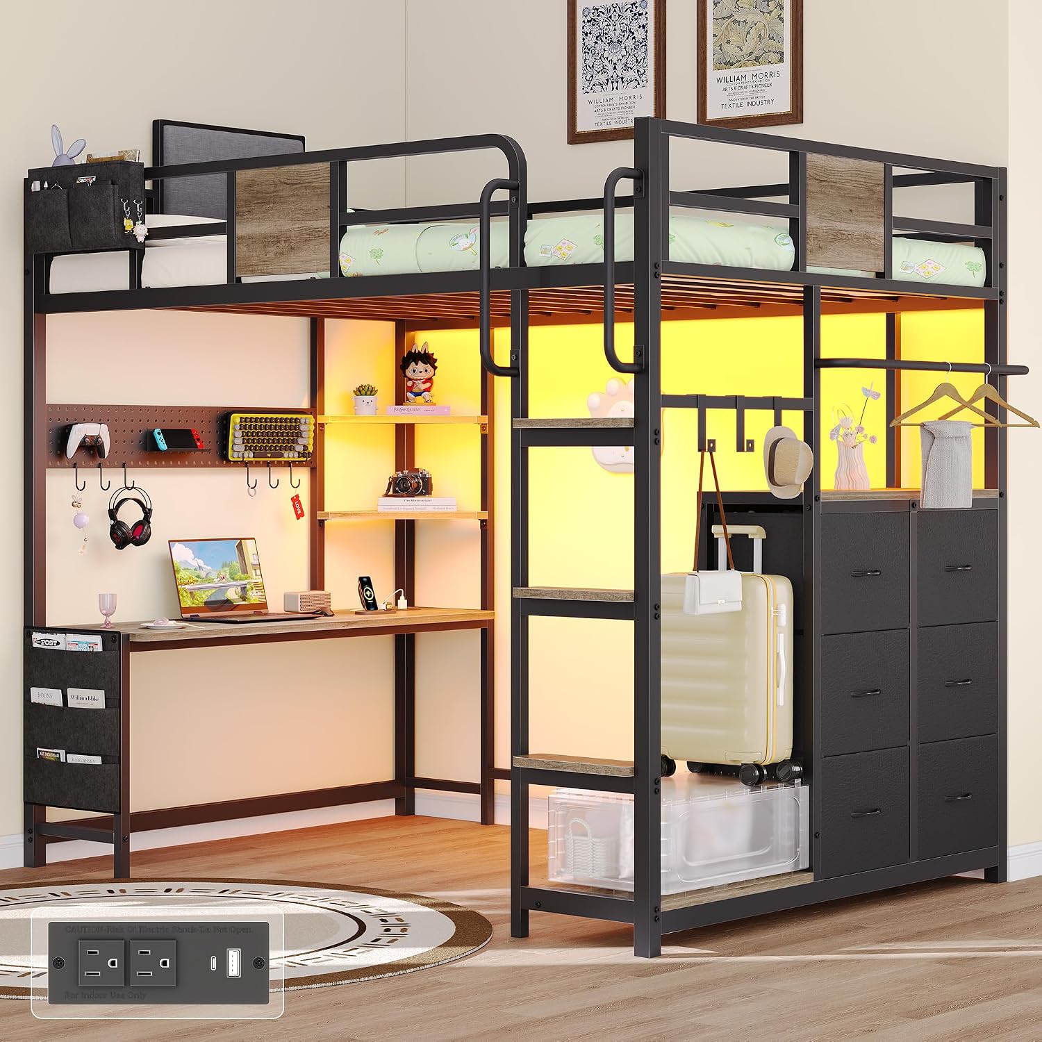 Dnxao Twin Loft Bed with Desk, Heavy Duty Twin Bed Frame with Integrated 6 Storage Drawers & DIY Pegboard, Smart LED Lights, Charging Station with Type-C, Space-Saving Workstation for Teens,Oak Gray