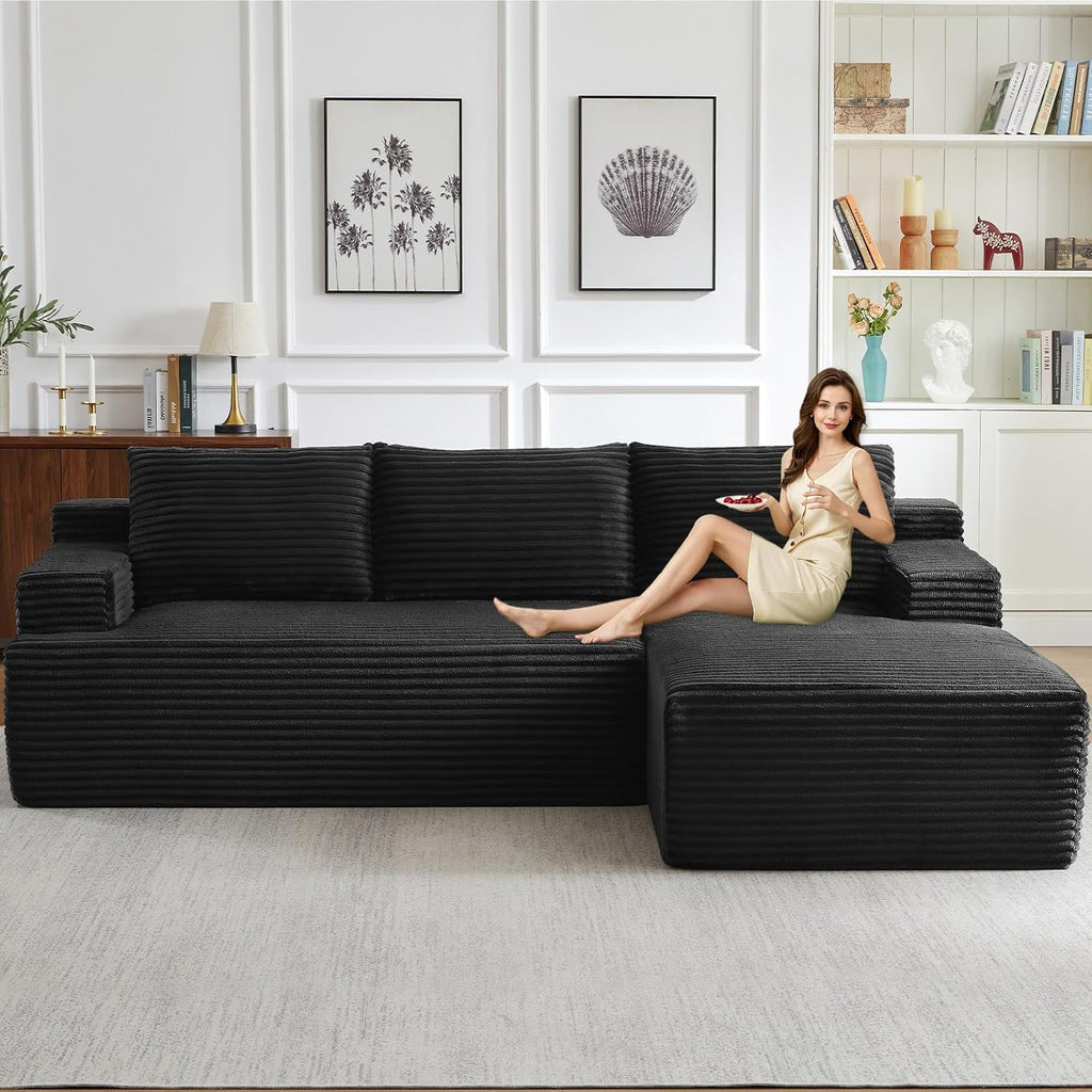 96' Modular Sectional Sofa Couches L-Shape Couch 3 Seat Modular Sofa Corduroy Memory Foam Sectional Boneless Couches for Living Room, Cloud Couch with Oversized Chaise(Black, Right Facing)