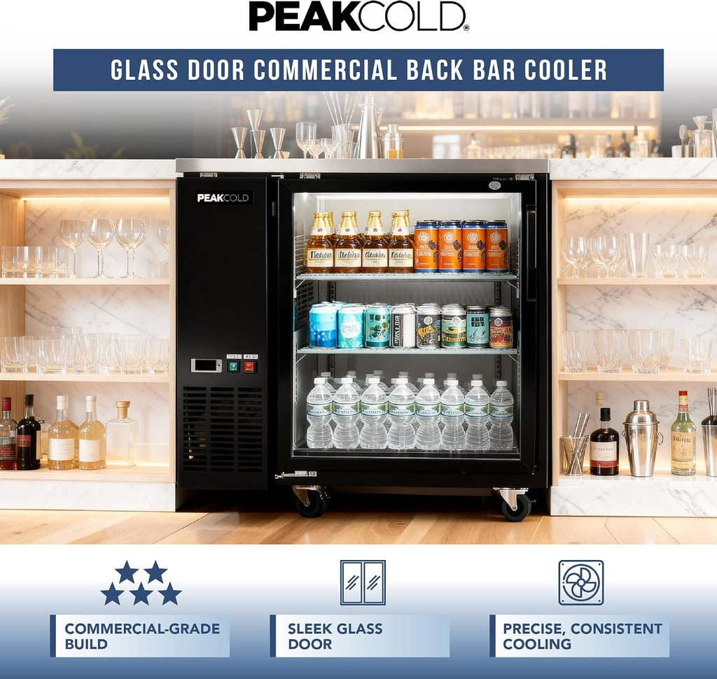 PEAKCOLD 1-Door Counter Height Beverage Refrigerator - 36' Wide Energy Efficient Black Beer Fridge With Glass Door & White LED Lighting - Commercial Back Bar Cooler