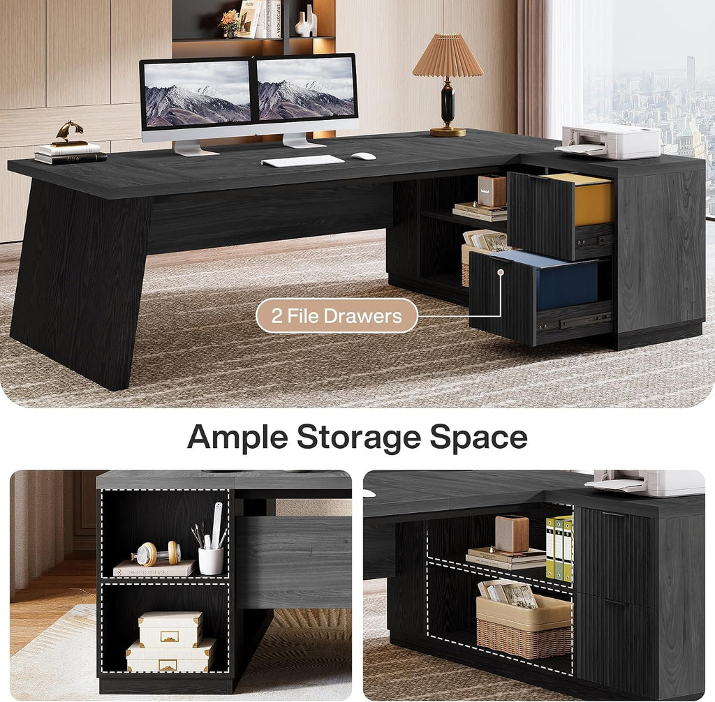 Tribesigns 78' L Shaped Desk with Drawers, Lage Office Desk with Storage Shelves, Modern Corner Computer Desk for Home Office (Gray and Black)