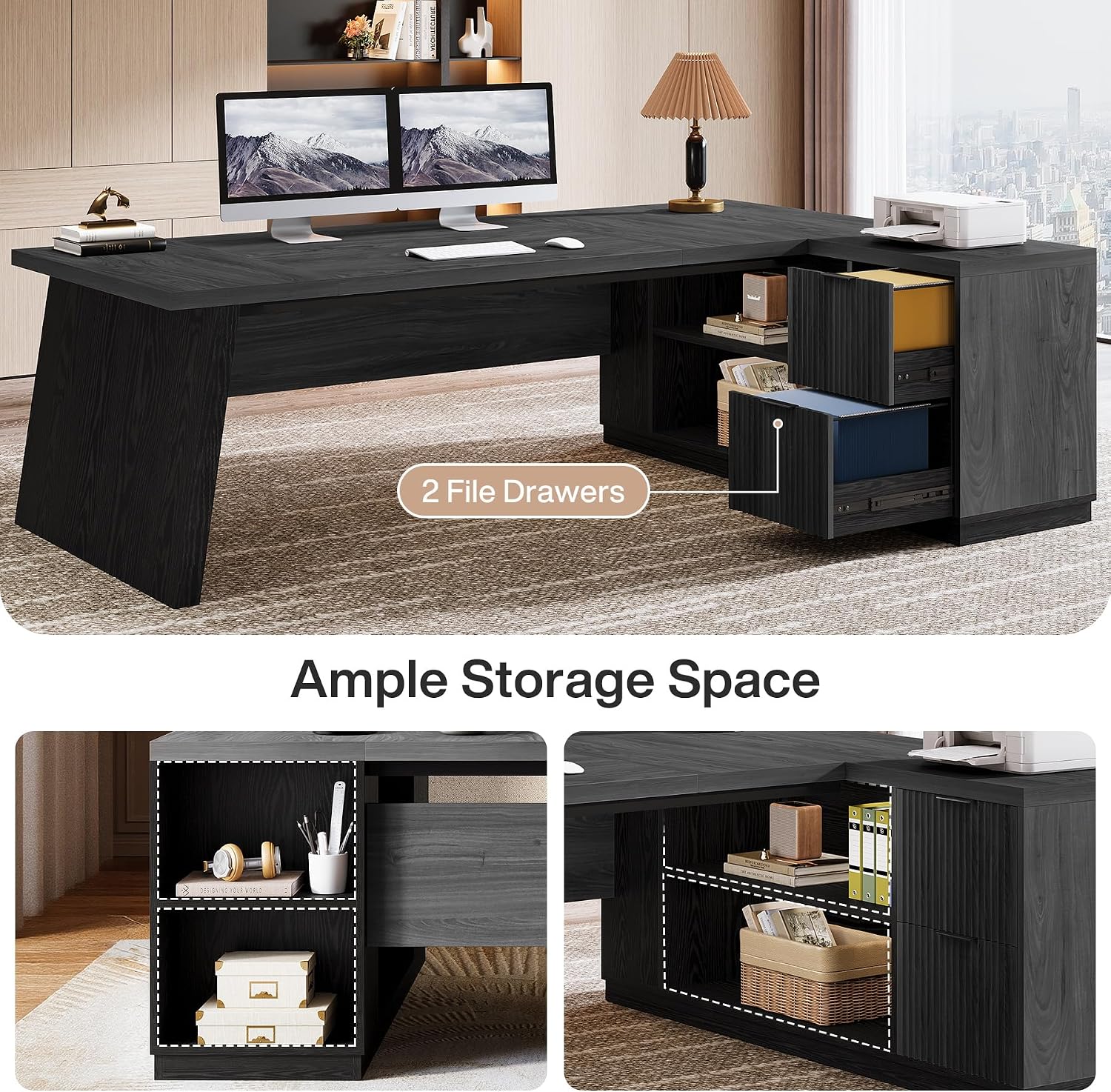 Tribesigns 78' L Shaped Desk with Drawers, Lage Office Desk with Storage Shelves, Modern Corner Computer Desk for Home Office (Gray and Black)