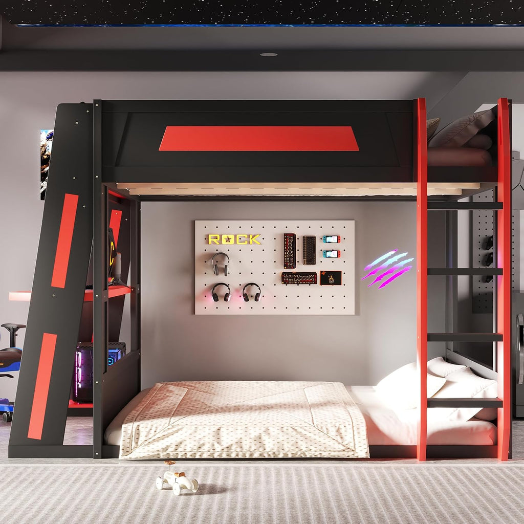 Queen Size Wooden Gaming Bunk Bed with Desk, Two Storage Shelves, USB and LED Light, Sturdy Loft Bed for Gamers & Small Spaces (Black+Red1)