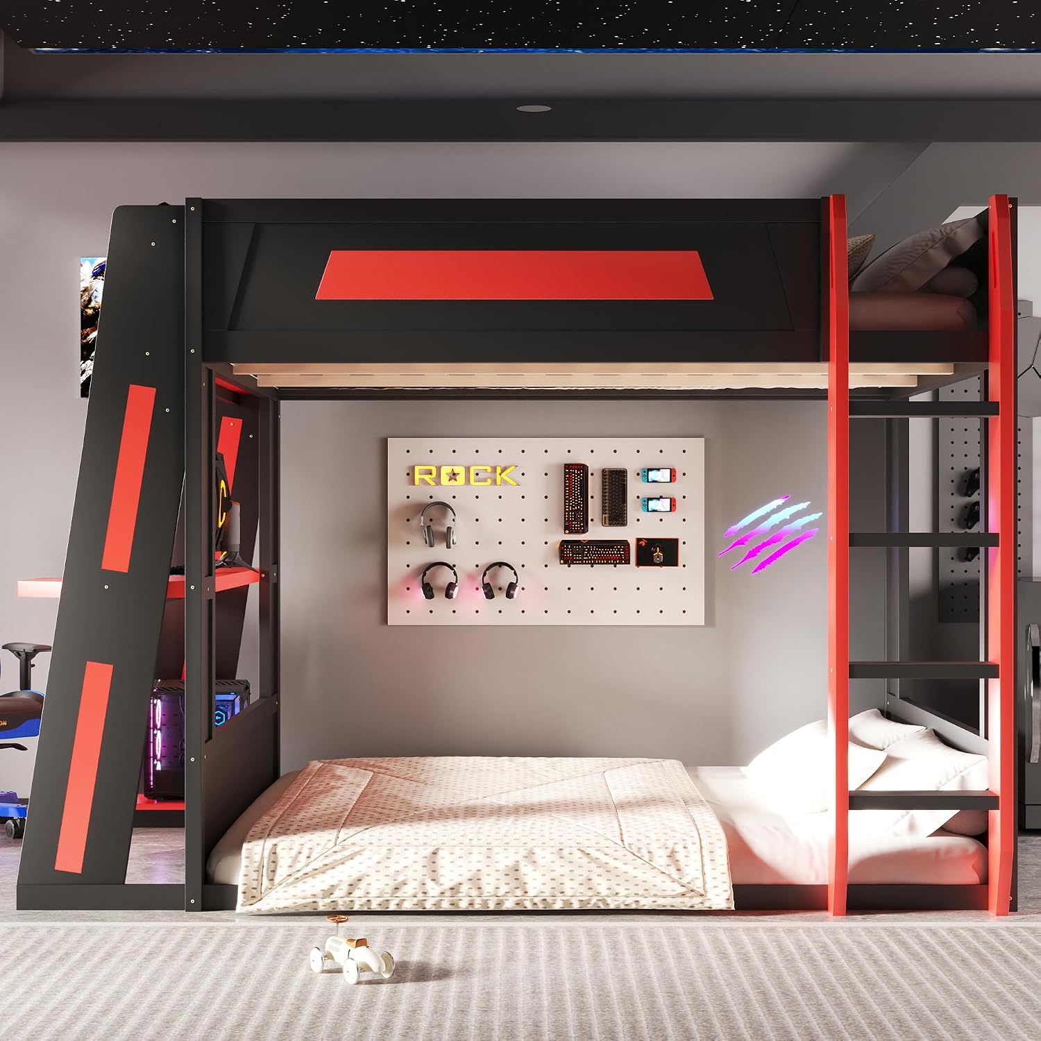 Queen Size Wooden Gaming Bunk Bed with Desk, Two Storage Shelves, USB and LED Light, Sturdy Loft Bed for Gamers & Small Spaces (Black+Red1)