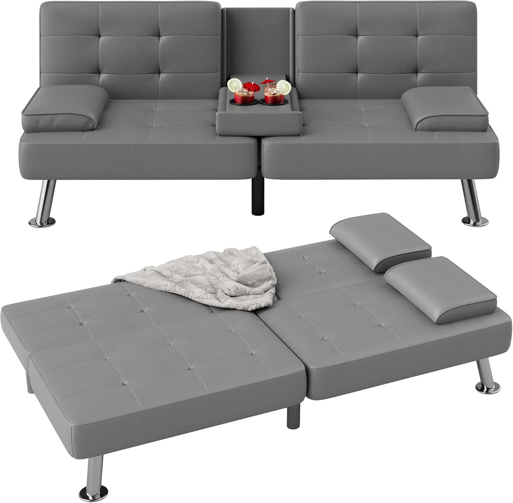 Flamaker Futon Sofa Bed Modern Folding Futon Set PU Leather Convertible Recliner Lounge for Living Room with 2 Cup Holders, Removable Armrests (PU Leather, Dark Grey)